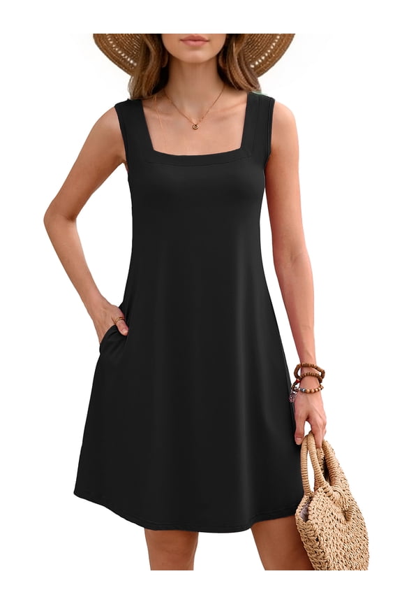 Women's Summer Square Neck Sleeveless Dress with Pockets, Black Casual A-Line Mini Sundress, Beach Vacation Tank Dress, Size L