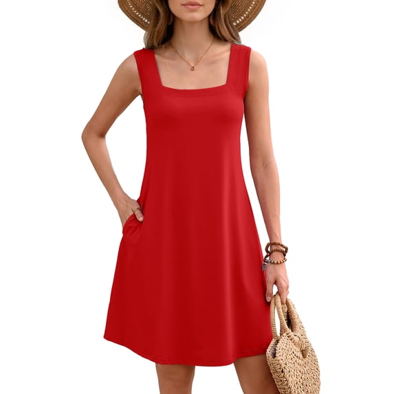 Women's Summer Square Neck Sleeveless Dress with Pockets, Red Casual A-Line Mini Sundress, Beach Vacation Tank Dress, Size M