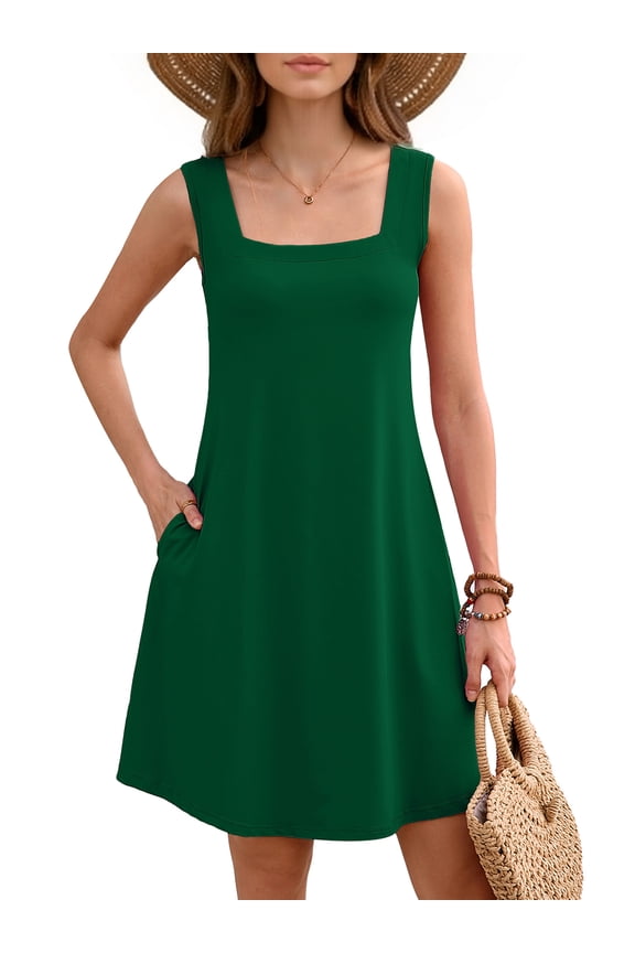 Women's Summer Square Neck Sleeveless Dress with Pockets, Dark Green Casual A-Line Mini Sundress, Beach Vacation Tank Dress, Size L