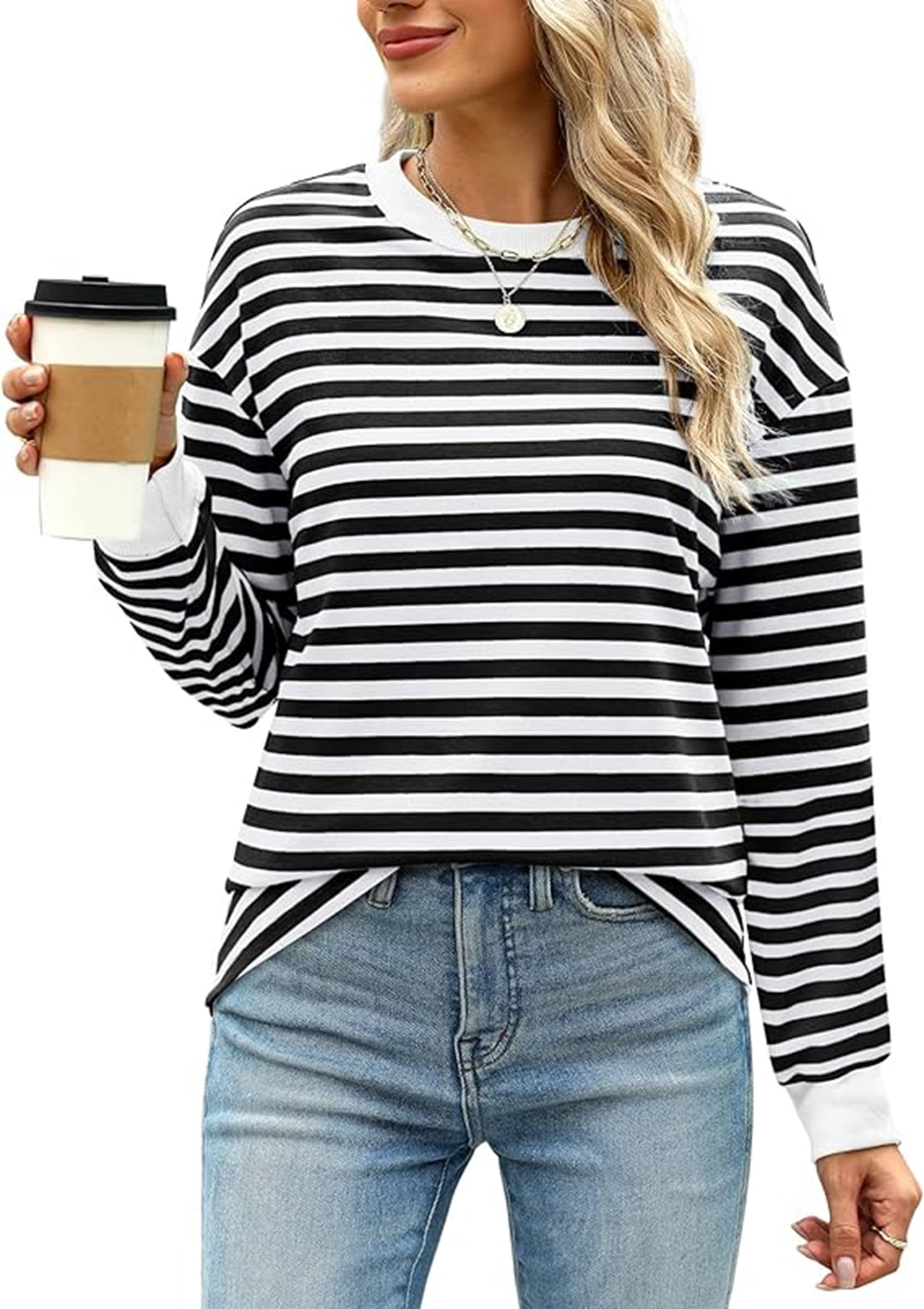 Chic Beautyy Orange Trim Navy and White Stripe Long Sleeve Top