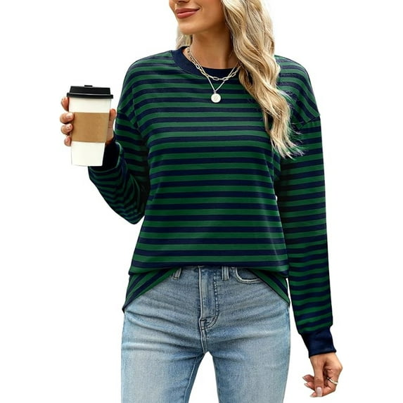 Chiclily Women's Tops Long Sleeve Striped Shirts Crewneck Casual Loose Fit Trendy Blouses Dark Green Stripe 2XL