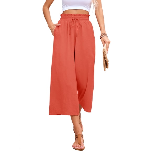 Chiclily Women's Wide Leg Capri Pants Summer High Waisted Palazzo Trousers Coral Drawstring Cropped Pants with Pockets, Size L