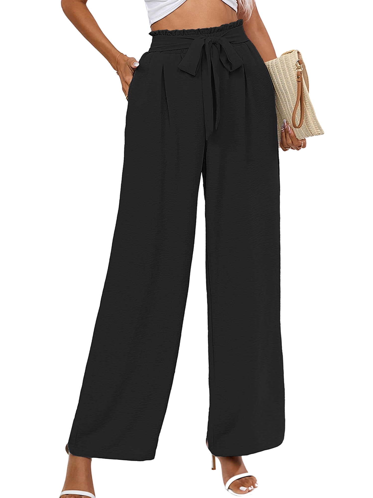 Chiclily Women's Wide Leg Lounge Pants with Pockets Lightweight High  Waisted Adjustable Tie Knot Loose Trousers, US Size Medium in Black 