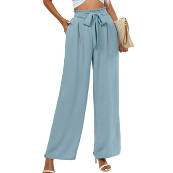 Chiclily Women's Wide Leg Lounge Pants with Pockets Lightweight High Waisted Adjustable Tie Knot Loose Trousers, US Size Medium in Blue Gray