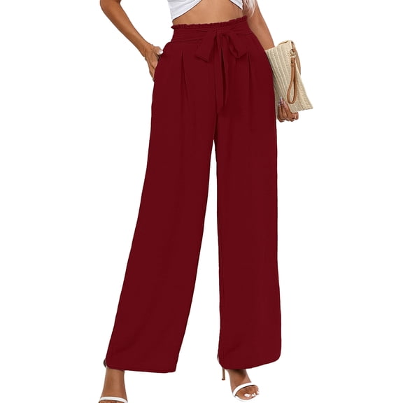 Chiclily Women's Wide Leg Lounge Pants with Pockets Lightweight High Waisted Adjustable Tie Knot Loose Trousers, US Size Medium in Burgundy