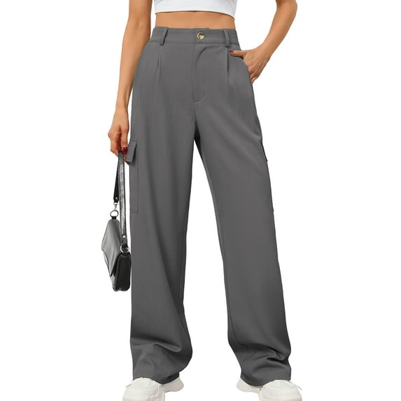 Chiclily Women's Wide Leg Pants High Waisted Cargo Pants Dark Gray XL Long Straight Bussiness Work Trousers with Pockets