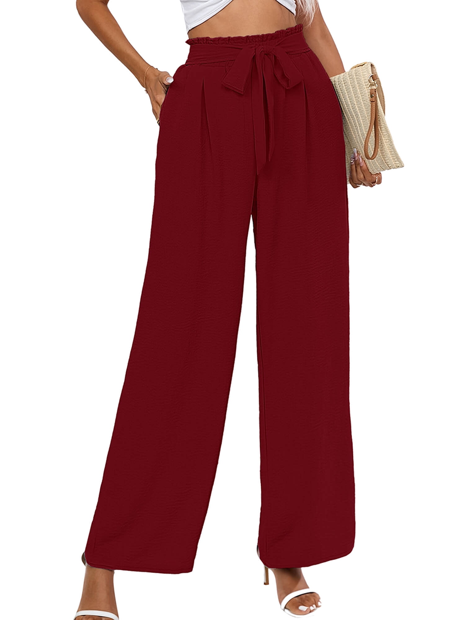 Chiclily Women's Wide Leg Pants with Pockets Lightweight High Waisted  Adjustable Tie Knot Loose Trousers Flowy Summer Beach Lounge Pants, US Size  2XL in Burgundy 
