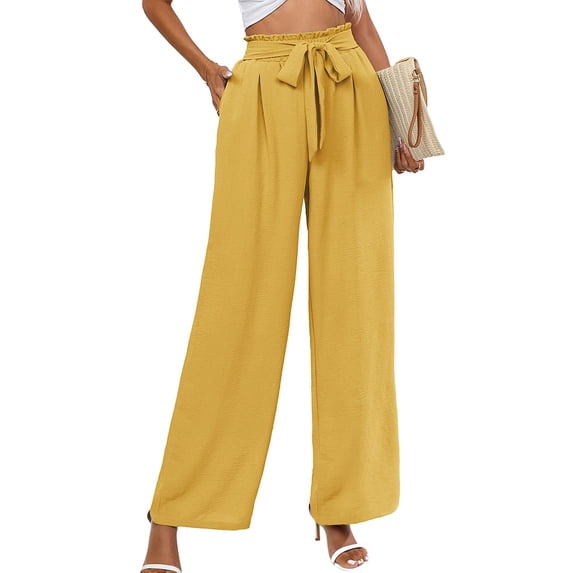 Chiclily Women's Wide Leg Pants with Pockets Lightweight High Waisted Adjustable Tie Knot Loose Trousers Flowy Summer Beach Lounge Pants, US Size 2XL in Yellow