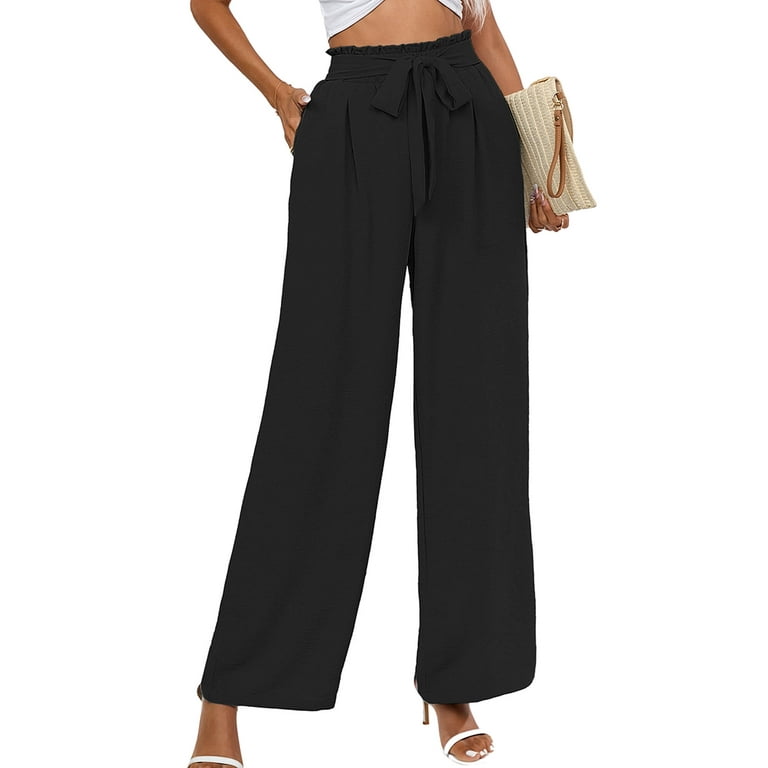 Chiclily Women's Wide Leg Pants with Pockets Lightweight High Waisted  Adjustable Tie Knot Loose Trousers Flowy Summer Beach Lounge Pants, US Size  Large in Black 