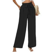Chiclily Women's Wide Leg Pants with Pockets Lightweight High Waisted Adjustable Tie Knot Loose Trousers Flowy Summer Beach Lounge Pants, US Size Large in Black