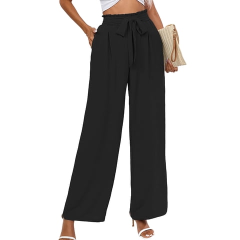 Women's Wide Leg Pants with Pockets Lightweight High Waisted Adjustable Tie Knot Loose Trousers Flowy Summer Beach Lounge Pants, US Size Large in Black