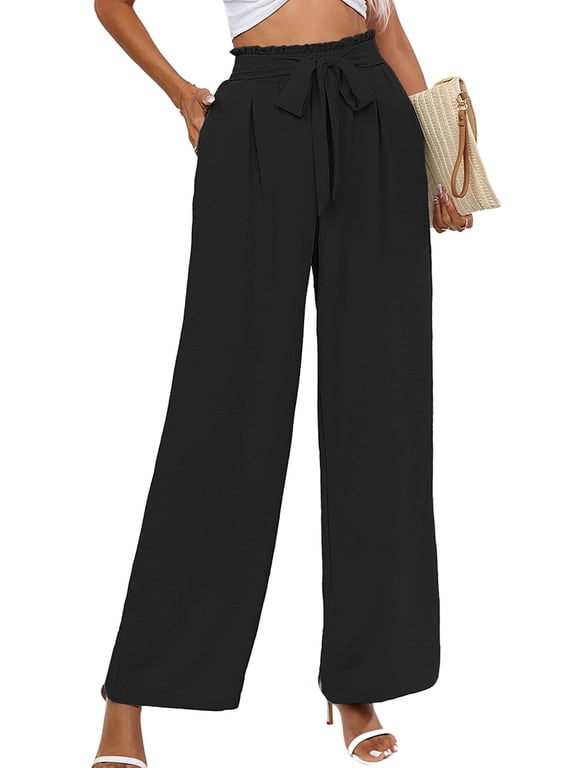 Women's Wide Leg Pants with Pockets Lightweight High Waisted Adjustable Tie Knot Loose Trousers Flowy Summer Beach Lounge Pants, US Size Large in Black