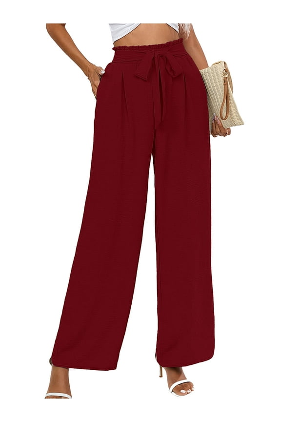 Women's Wide Leg Pants with Pockets Lightweight High Waisted Adjustable Tie Knot Loose Trousers Flowy Summer Beach Lounge Pants, US Size Large in Burgundy