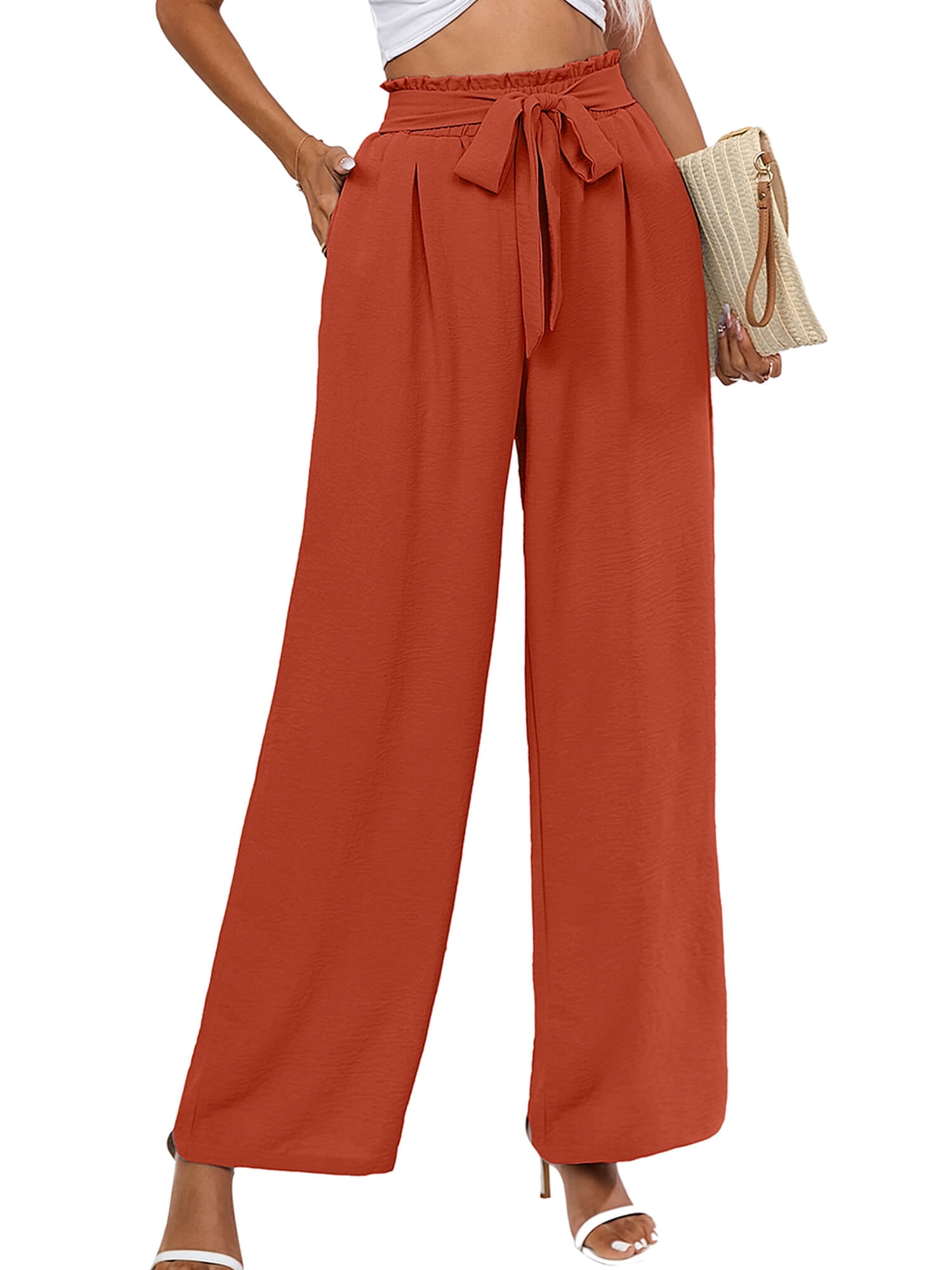 Zpanxa Womens Casual Pants Straight Leg Drawstring Elastic High Waist Loose  Comfy Trousers with Pockets Solid Color Ruffle Wide Leg Long Pants Orange