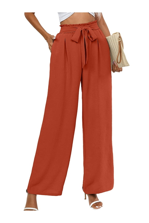 Women's Wide Leg Pants with Pockets Lightweight High Waisted Adjustable Tie Knot Loose Trousers Flowy Summer Beach Lounge Pants, US Size Large in Burnt Orange