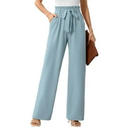 CHICLILY Women's Wide Leg Pants with Pockets Blue Gray Small Casual Work Trousers with Removable Belt