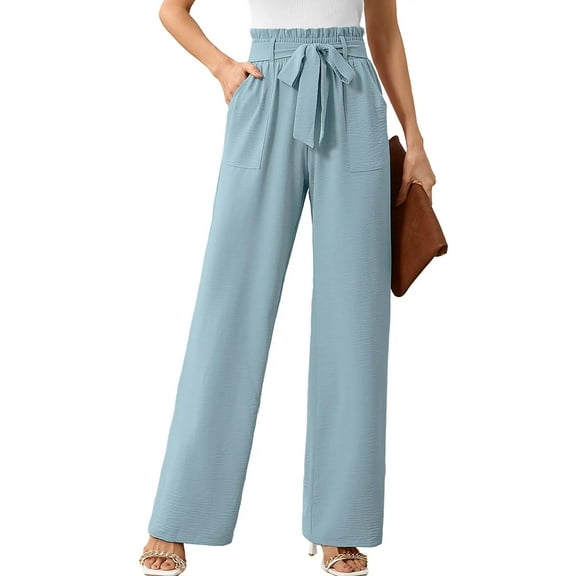 Chiclily Women's Wide Leg Pants with Pockets Blue Gray XL Casual Work Trousers with Removable Belt