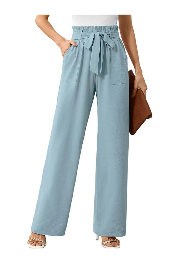 Women's Wide Leg Pants with Pockets Blue Gray XL Casual Work Trousers with Removable Belt