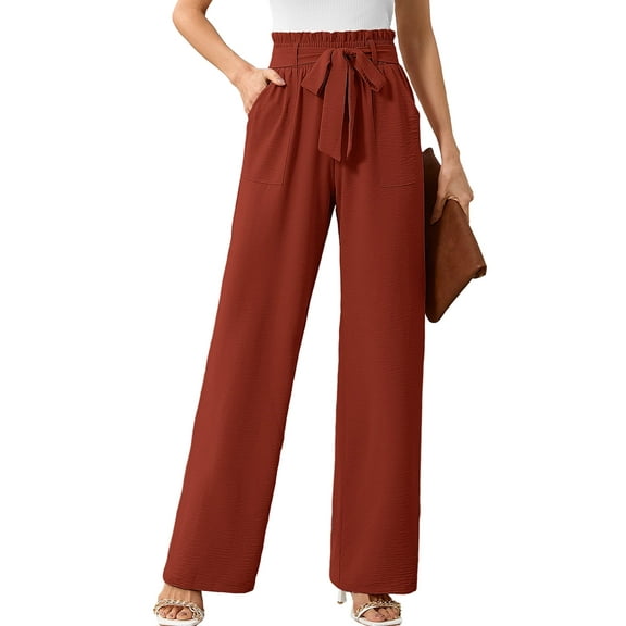 Chiclily Women's Wide Leg Pants with Pockets Brown Medium Casual Work Trousers with Removable Belt