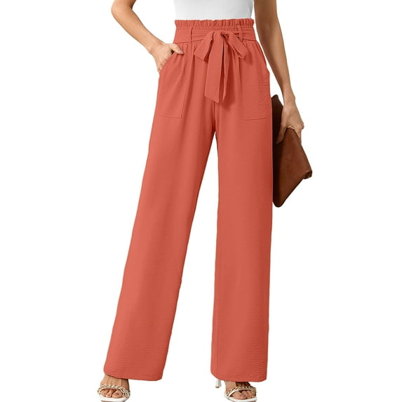 Chiclily Women's Wide Leg Pants with Pockets Coral Large Casual Work Trousers with Removable Belt