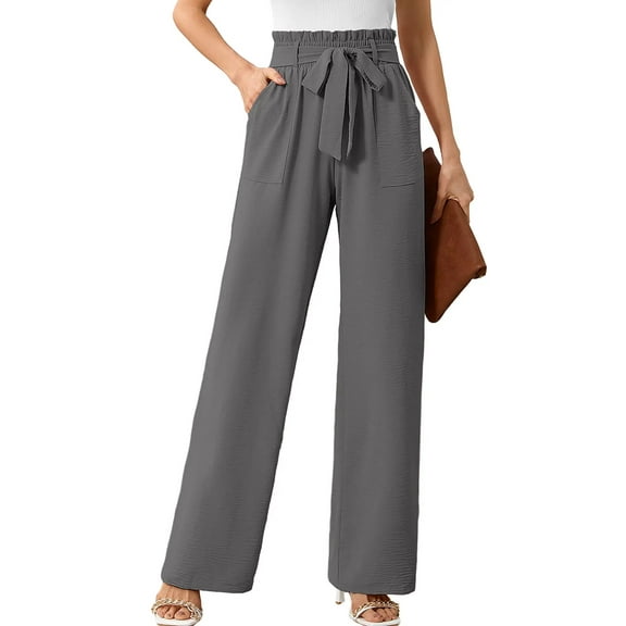Chiclily Women's Wide Leg Pants with Pockets Dark Gray Small Casual Work Trousers with Removable Belt