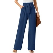 Chiclily Women's Wide Leg Pants with Pockets Navy Blue Small Casual Work Trousers with Removable Belt