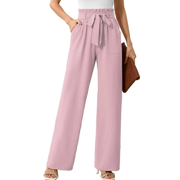 Chiclily Women's Wide Leg Pants with Pockets Pink Large Casual Work Trousers with Removable Belt