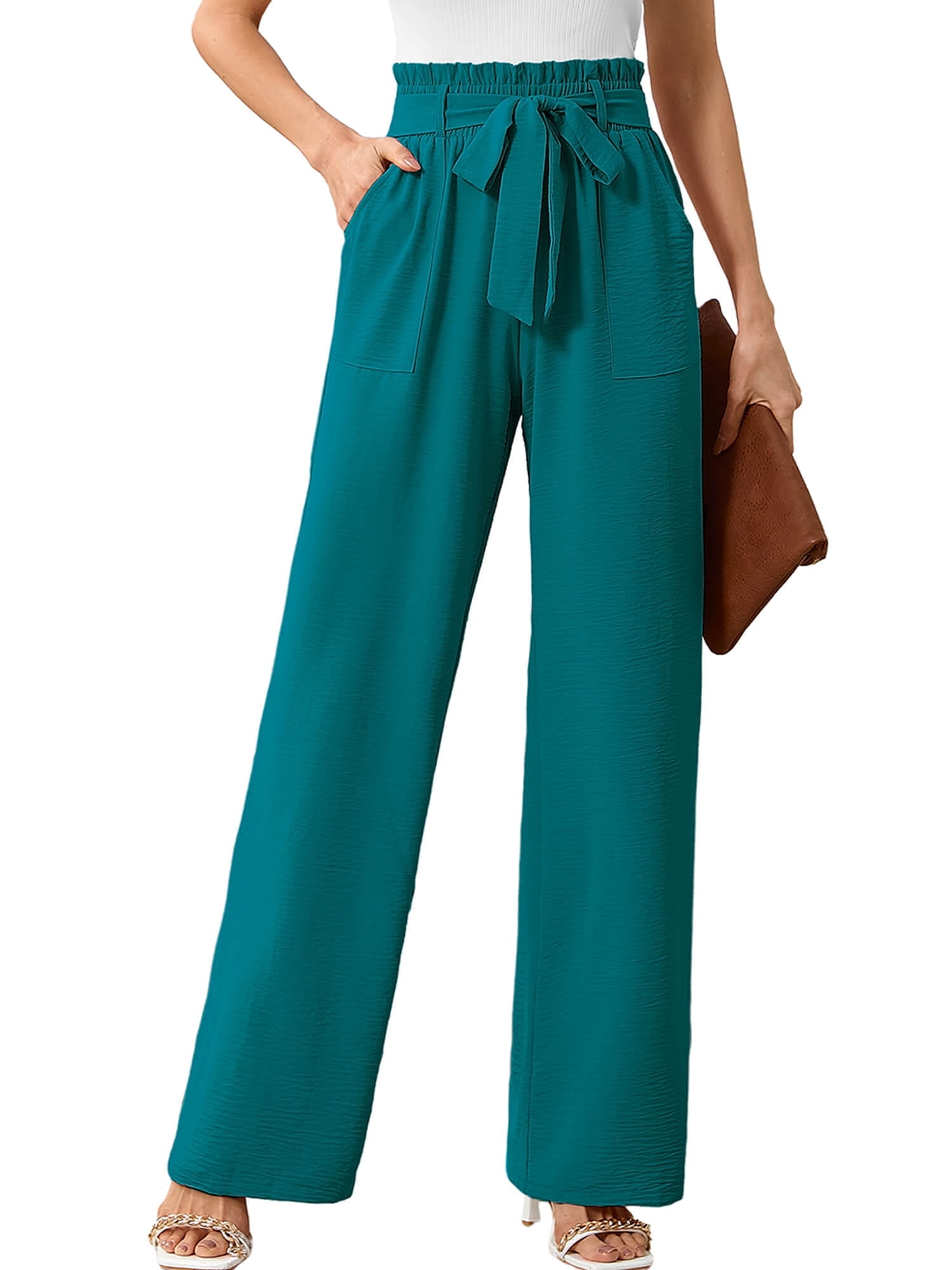 Chiclily Women's Wide Leg Pants with Pockets Turquoise XL Casual