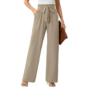 Chiclily Women's Wide Leg Pants with Pockets Wheat Large Casual Work Trousers with Removable Belt