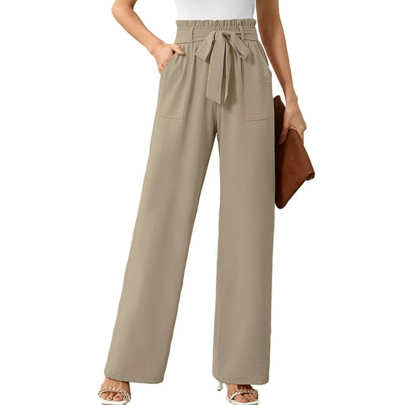 Chiclily Women's Wide Leg Pants with Pockets Wheat Medium Casual Work Trousers with Removable Belt