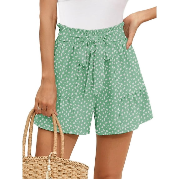 Chiclily Women's Wide Leg Shorts High Waist Adjustable Belted Loose Summer Lounge Shorts with Pockets, US Size Large, Leaves Green