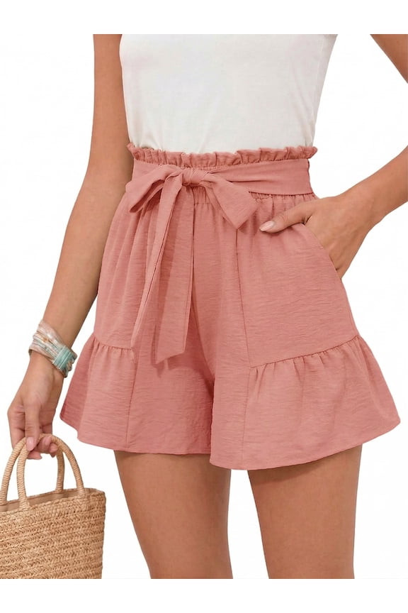 Women's Wide Leg Shorts High Waist Adjustable Belted Loose Summer Lounge Shorts with Pockets, US Size Large, Pink