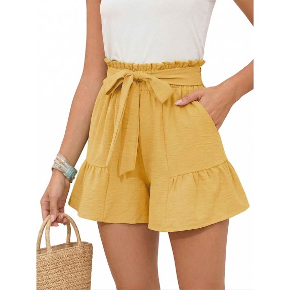 Chiclily Women's Wide Leg Shorts High Waist Adjustable Belted Loose Summer Lounge Shorts with Pockets, US Size Large, Yellow