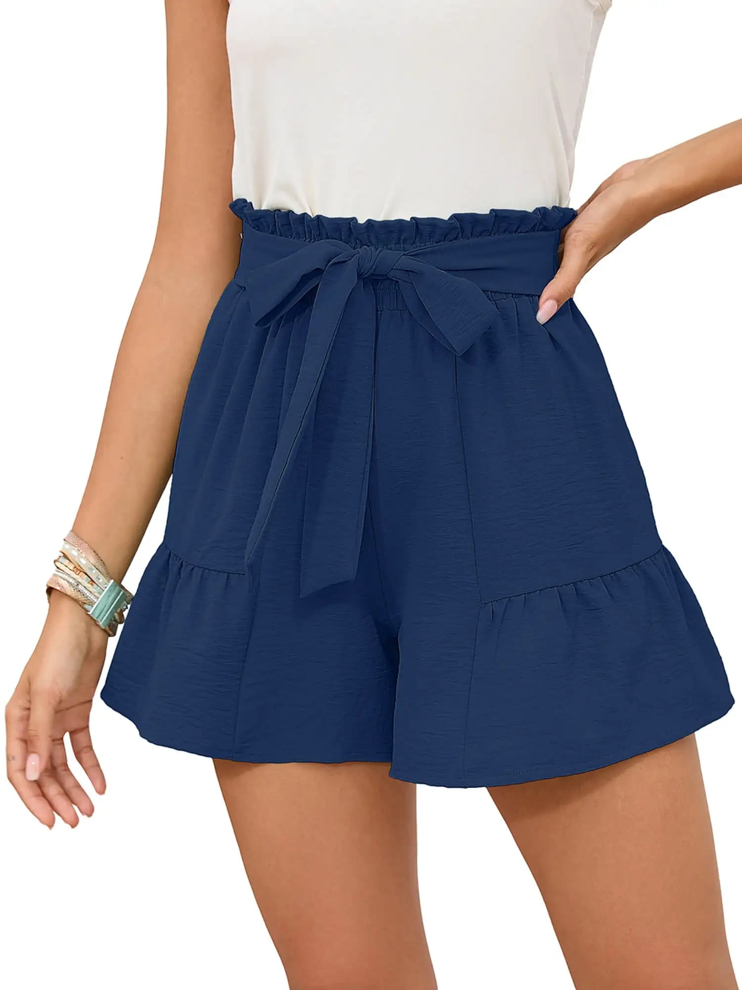 Chiclily Women's Wide Leg Shorts High Waist Adjustable Belted Loose Summer Lounge Shorts with Pockets, US Size Medium, Dark Blue