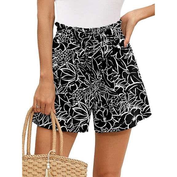 Chiclily Women's Wide Leg Shorts High Waist Adjustable Belted Loose Summer Lounge Shorts with Pockets, US Size Small, Black White Flower