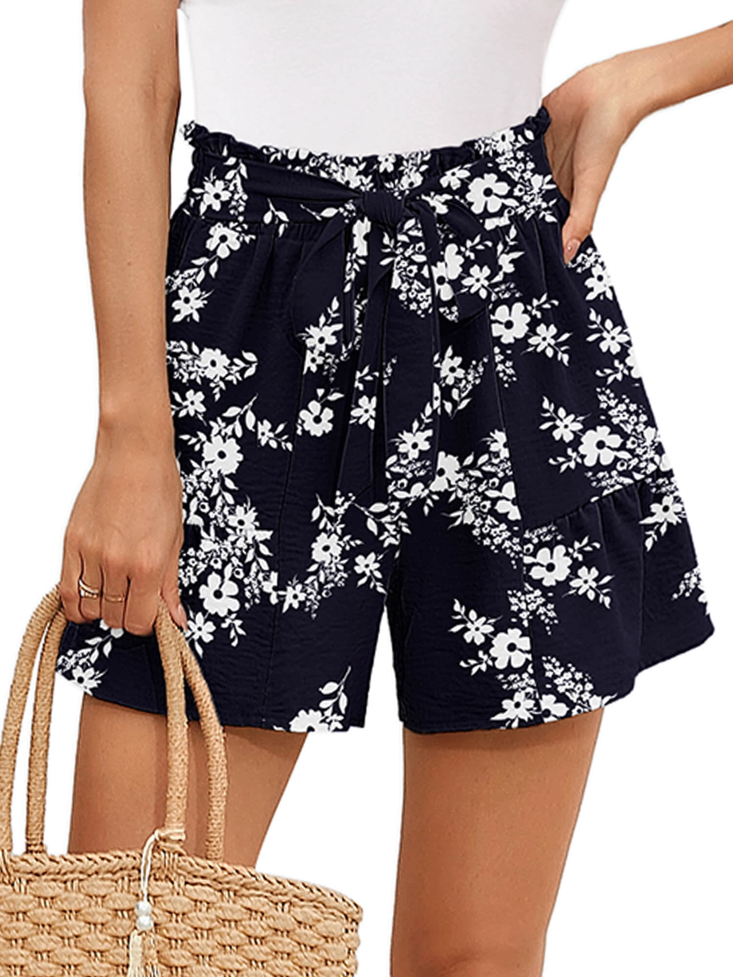 Chiclily Women's Wide Leg Shorts High Waist Adjustable Belted Loose