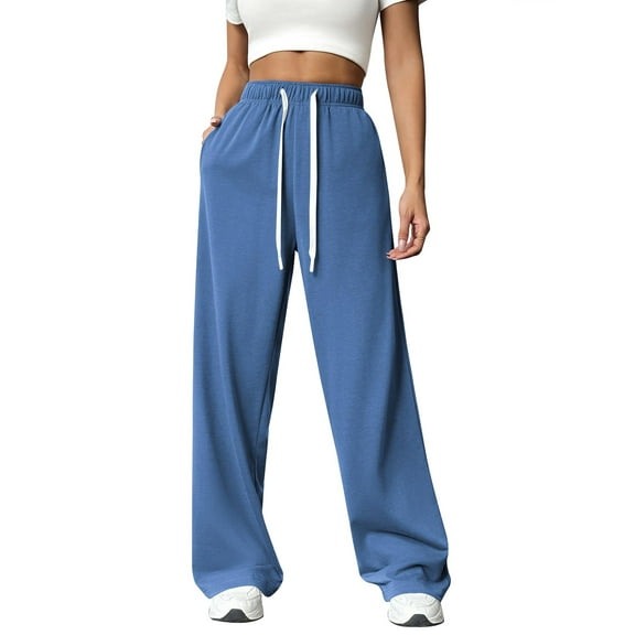 Chiclily Women's Wide Leg Sweatpants Blue XL Lounge Yoga Pants Drawstring Workout Athletic Joggers with Pockets