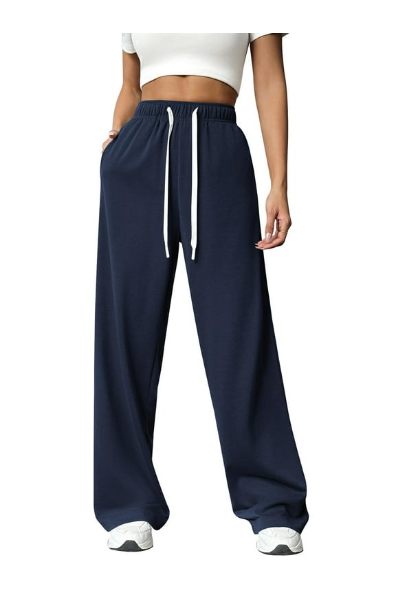 Women's Wide Leg Sweatpants Navy Blue S Lounge Yoga Pants Drawstring Workout Athletic Joggers with Pockets