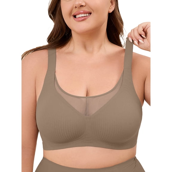 Chiclily Women's Wireless Bras Comfort Everyday Full Coverage Bra Coffee 3XL Supportive T-Shirt Bra