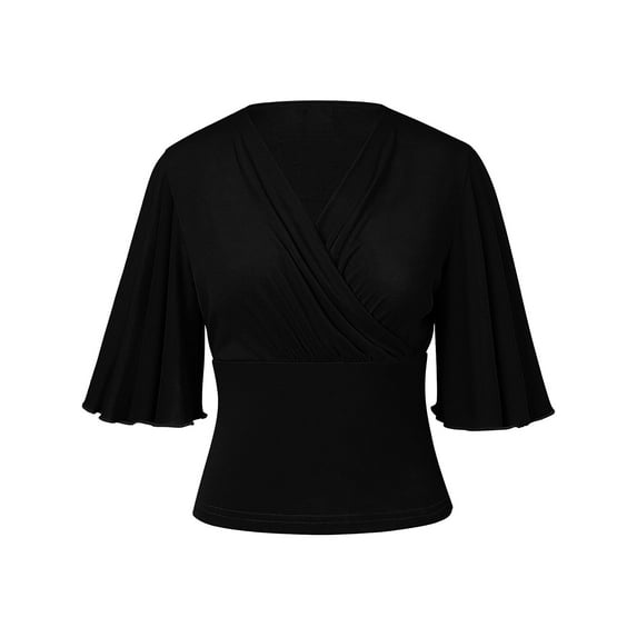 Chiclily Womens 3/4 Sleeve Wrap Blouse Black XL V Neck Dressy Casual Top Ruched T-Shirts