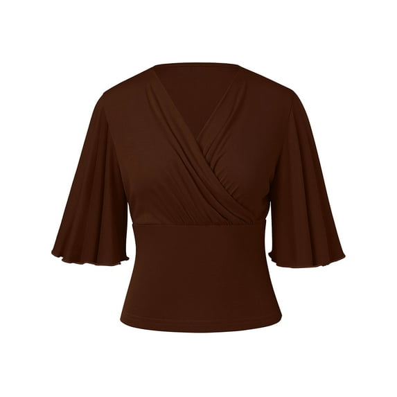Chiclily Womens 3/4 Sleeve Wrap Blouse Dark Brown 2XL V Neck Dressy Casual Top Ruched T-Shirts
