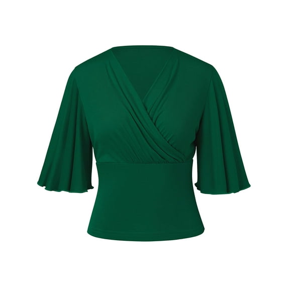 Chiclily Womens 3/4 Sleeve Wrap Blouse Green 2XL V Neck Dressy Casual Top Ruched T-Shirts