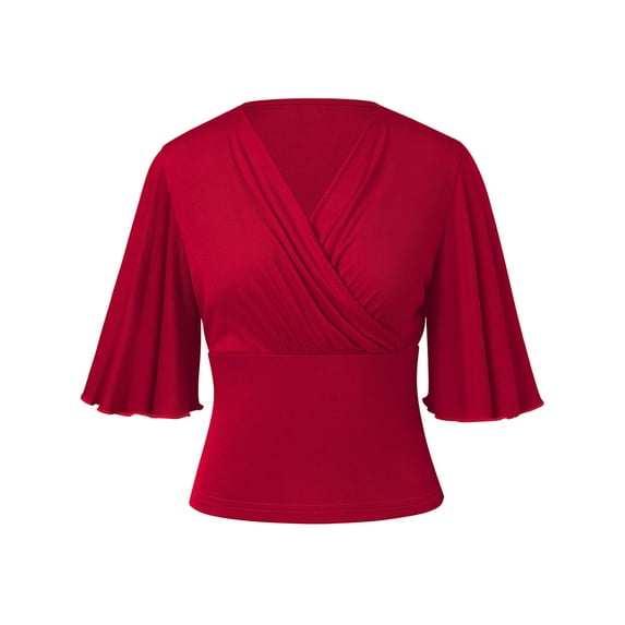 Chiclily Womens 3/4 Sleeve Wrap Blouse Red Large V Neck Dressy Casual Top Ruched T-Shirts