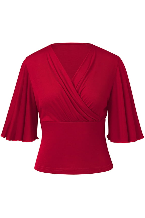 Womens 3/4 Sleeve Wrap Blouse Red XL V Neck Dressy Casual Top Ruched T-Shirts
