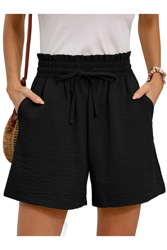 Womens Casual Drawstring Shorts Black Summer Elastic Waist Shorts with Pockets, Large