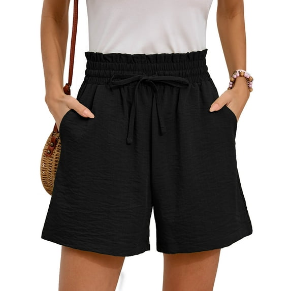 Chiclily Womens Casual Drawstring Shorts Black Summer Elastic Waist Shorts with Pockets, Small