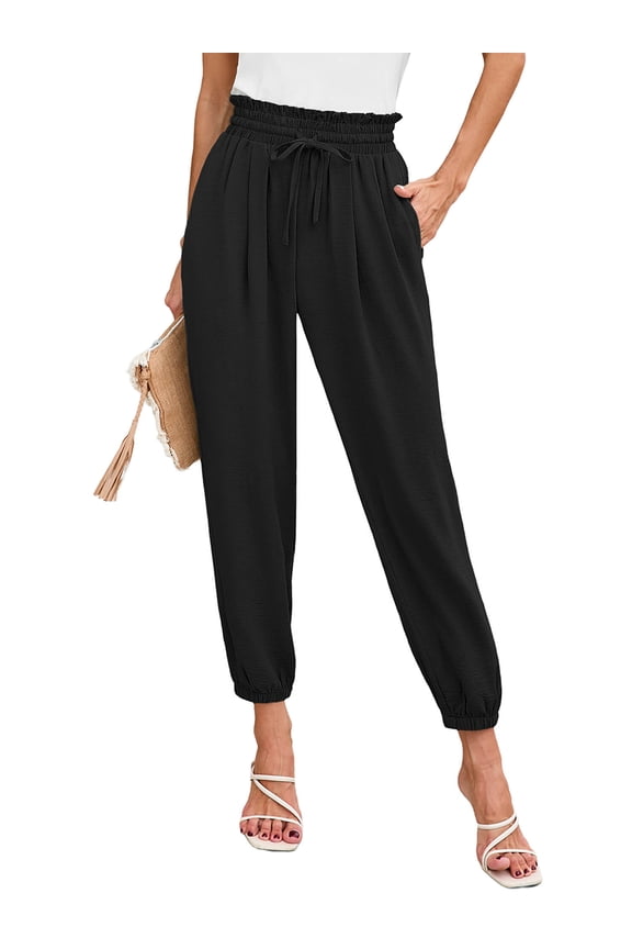 Womens Elastic High Waist Pants Drawstring Work Trousers Joggers Trendy Harem Pants with Pockets, Black Size 2XL