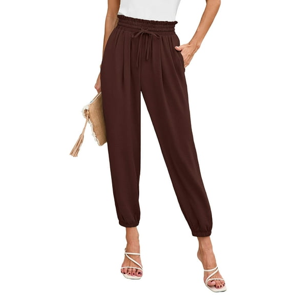 Chiclily Womens Elastic High Waist Pants Drawstring Work Trousers Joggers Trendy Harem Pants with Pockets, Dark Brown Size 2XL