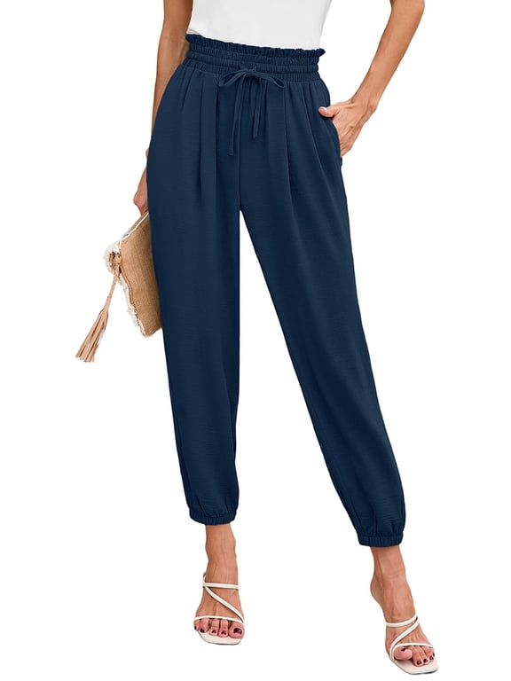 Womens Elastic High Waist Pants Drawstring Work Trousers Joggers Trendy Harem Pants with Pockets, Navy Blue Size 2XL