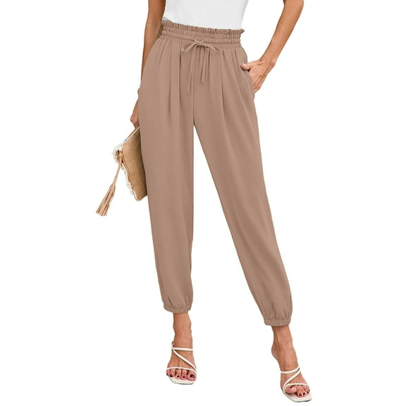 Chiclily Womens Elastic High Waist Pants Drawstring Work Trousers Joggers Trendy Harem Pants with Pockets, Wheat Size M
